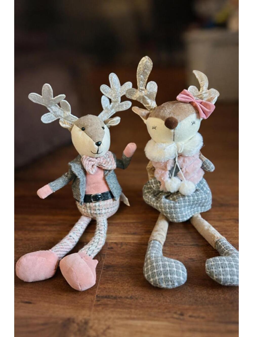 Set of Two Decorative Plush Reindeer Dolls with Pink and Gray Outfits